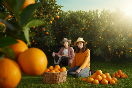 Asian immigrant female workers in an orange orchard working. Ai generated.の素材