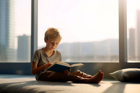 Boy eagerly reads a book in his room. Ai generated.の素材