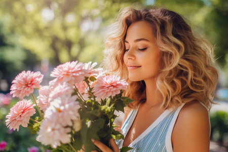 With a sense of wonder and delight, a girl takes in the delightful fragrance of flowers in a blooming spring field, embracing the beauty of nature. AI Generatedの素材