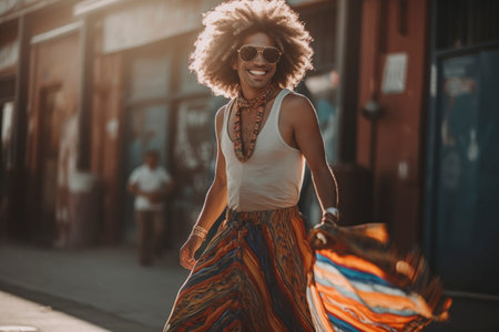 Young man exudes a free-spirited vibe, embracing his bohemian and carefree style. Ai generated.の素材