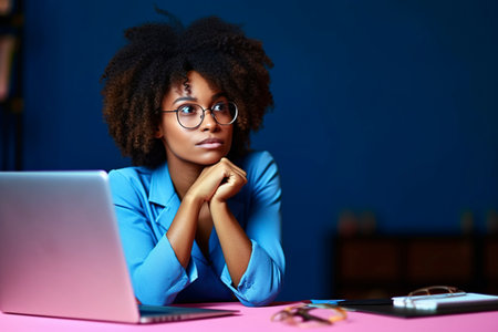 Young woman, pensive and thoughtful gesture. Ai generated.の素材