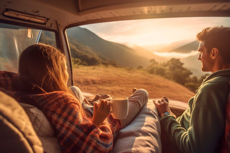 Two friends enjoy breakfast at sunrise from inside their camper van with AI generated views.の素材