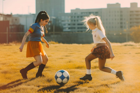 Two girls play soccer in a field on the outskirts. Ai generated.の素材