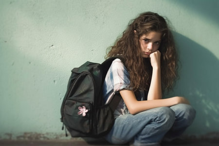 A young adolescent, sitting and leaning against the wall, appears sad and taciturn. Ai generated.の素材