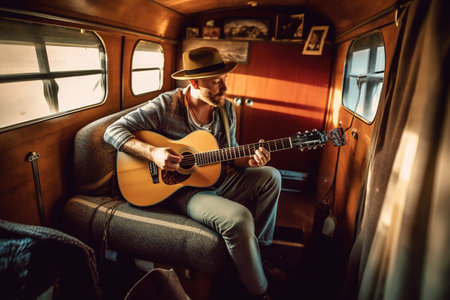 Young digital nomad plays the guitar inside his caravan. Ai generated.の素材