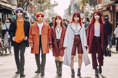 Group of young Korean members of a youth music band, posing in the street. Ai generated.の素材