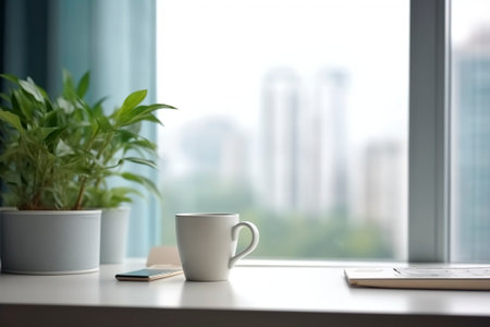 A cup of coffee sits on the inside window seat, overlooking the city in the morning. Ai generated.の素材