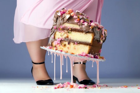Allure of a sweet cake is strong, but the woman exercises discipline and resists. Ai generated.の素材