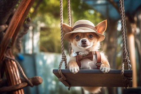 A little dog in clothes and glasses swings funny on a swing. Ai generated.の素材