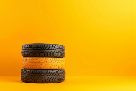 Car tires, isolated on yellow background. Ai generated.の素材