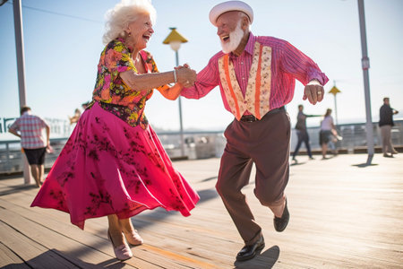 A retired couple jubilantly celebrate their joy and love. Ai generated.の素材