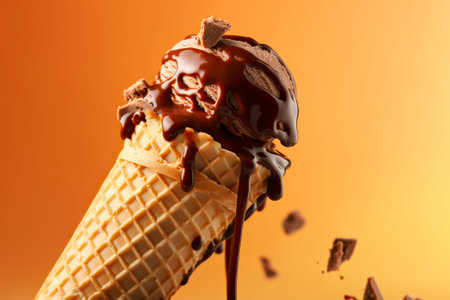 Chocolate cone ice cream, its velvety richness slowly melting and forming delicious drips on the sticky floor. Ai generated.の素材