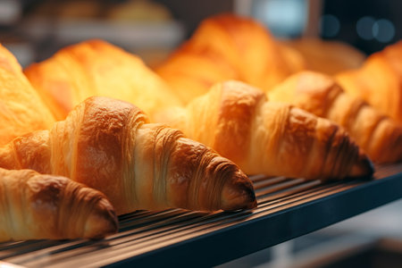 Indulge in the mouthwatering detail of freshly baked croissants, their golden and flaky perfection inviting a tempting bite. Ai generated.の素材