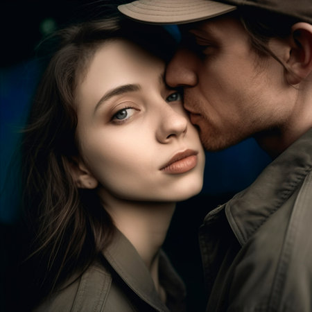 portrait of a young woman, her eyes filled with intensity and a touch of romance.. Ai generated.の素材