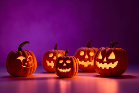 Pumpkins carved and illuminated from within, background for Halloween. Ai generated.の素材