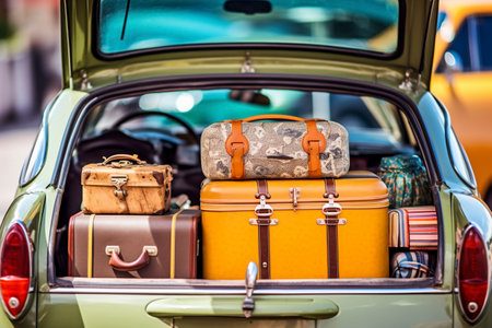 Trunk of a car overflowing with luggage before a trip. Ai generated.の素材