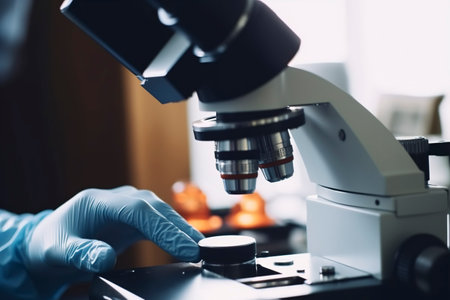 A laboratory technician examines a biological sample under a microscope. Ai generated.の素材