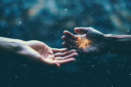 A hand stretched out to the universe, metaphor. Ai generated.の素材