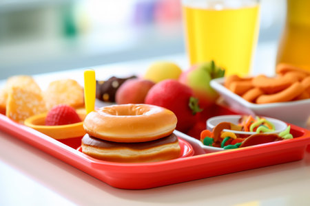 A tray filled with tempting junk food, an indulgence amidst the school routine. AI Generated.の素材