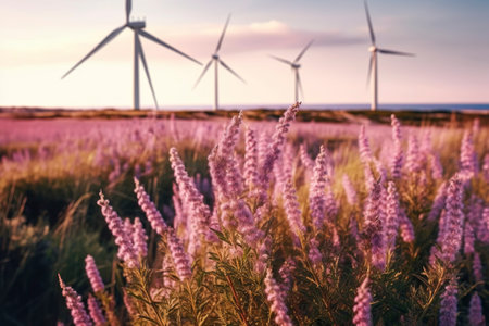 Fields of lavender decorate the wind power generators. Ai generated.の素材