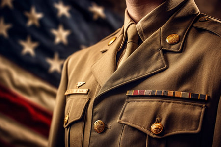 Detail of insignia and medals on the jacket of a patriotic American soldier. Ai generated.の素材