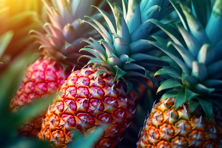 Immerse yourself in a vibrant and fun background decorated with colorful pineapples. AI Generated.の素材