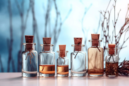 Mockup of transparent glass bottles with essential oils or homeopathy. Ai generated.の素材
