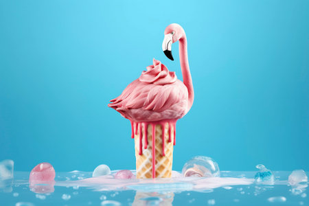 Refreshing surreal image of a pink flamingo with ice cream. Ai generated.の素材