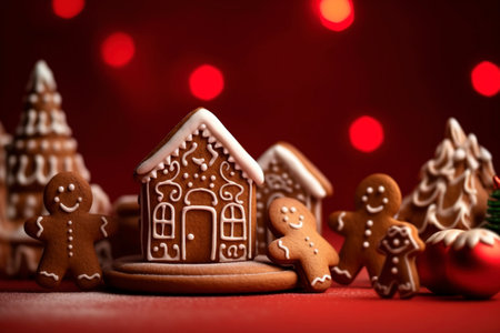 Typical Christmas gingerbread cookies, on a red background. Ai generated.の素材