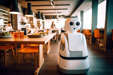 Robots serve restaurant customers and deliver orders to them. Ai generated.の素材