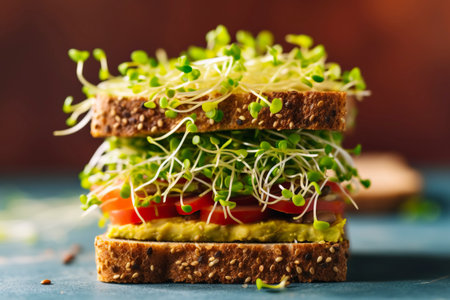 Savor the freshness of a multi-layered sandwich overflowing with vibrant green sprouts. AI Generated.の素材