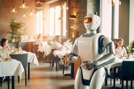 Experience the future of dining as friendly robots seamlessly serve and deliver orders. AI Generated.の素材