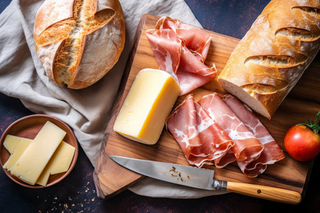 Baguette to fill with ham and cheese, delicious lunch. Ai generated.の素材