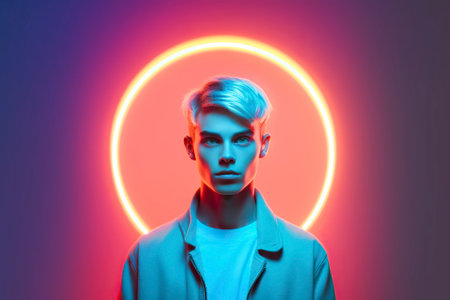 A serious young man stars straight ahead, in a futuristic environment with an aura of neon lights. Ai generated.の素材