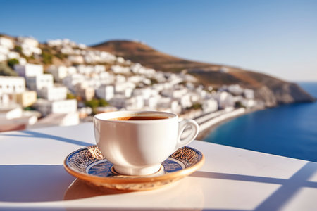 A cup of tea before visiting a maritime Greek town. Ai generated.の素材