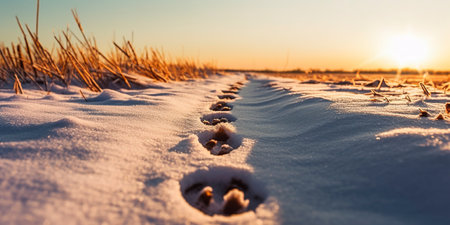 Human footprints in the snow. Ai generated.の素材