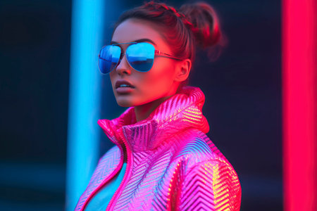 Young model experiences futuristic fashion with colorful neons. Ai generated.の素材