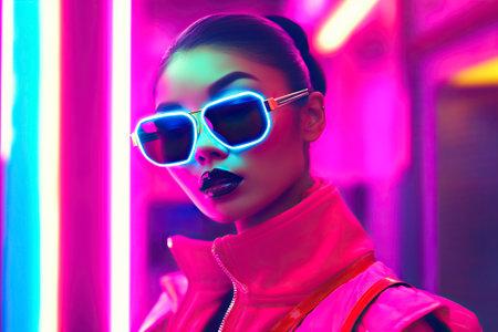 Step into the future of fashion as a young model embraces the allure of colorful neons. AI Generated.の素材