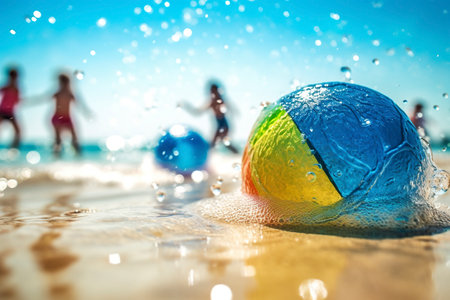 A vibrant summer background sets the stage for playful beach games and endless joy. AI Generated.の素材