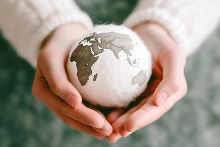 Woman's hands hold a small planet earth carefully. AI generated.の素材
