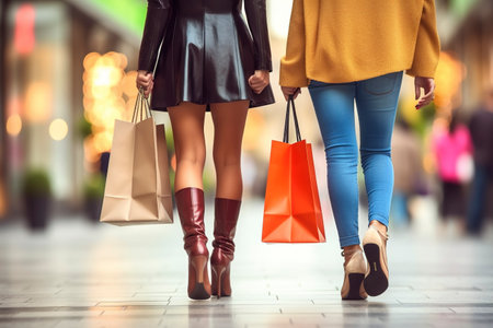 With their backs, two female friends walk along a shopping street with fashionable shopping bags. AI generated.の素材
