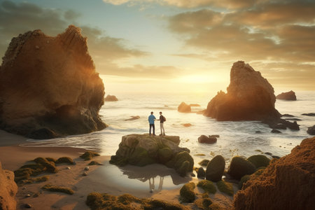 A couple walks among the rocks of a small and hidden beach at dawn. Ai generated.の素材