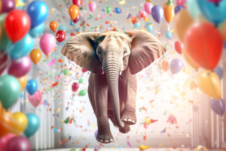 A light elephant floating with colored balloons. Ai generated.の素材