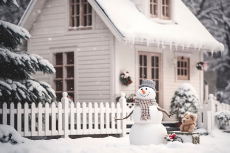 A whimsical snowman stands at the entrance of a festively decorated house during a snowfall. AI Generated.の素材