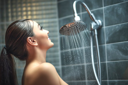 A young woman indulges in a refreshing shower, allowing the cascading water to cleanse and revitalize her. AI Generated