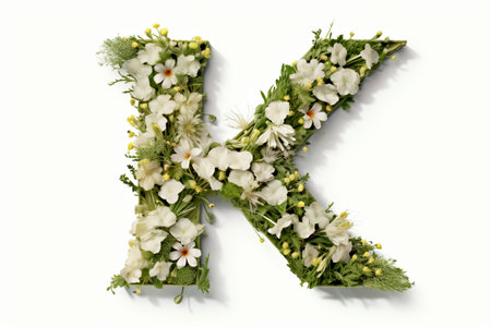 Design with an elegant letter K made of delicate white flowers on a pristine white background. AI Generatedの素材