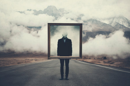 Introspective travel concept, a man holds a frame standing on a road between clouds. Ai generated.の素材