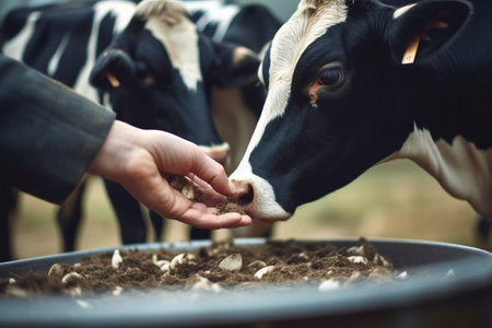 Amidst the sprawling macrofarm, a diligent farmer tends to his contented cows, ensuring they are well-fed and cared forの素材