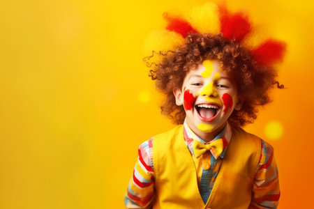 A young boy dressed as a nice clown, on a yellow background. Ai generated.の素材