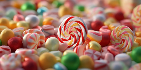 A vibrant background filled with colorful candies and jelly beans, perfect for a web banner. AI Generated.の素材